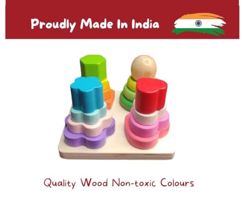 CHANNAPATNA TOYS Wooden Montessori Toys For 1 2 3 Year Old Boys Girls- Sorting & Stacking Toys For Baby Toddlers Blocks, Educational Shape Color Sorter Preschool Kids Gifts
