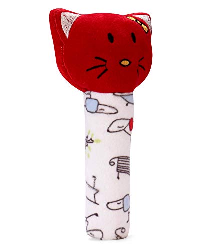 Pikipo Kitty Face Rattle Soft Toy with Squeeze Handle for Squeaky Sound (Red)