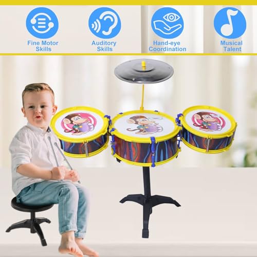 Kabello Musical Instruments Original Jazz Drum Set for Kids 1-5 Years Old Boys 3 Drum 1 Stand and 1 Stool and 2 Sticks (Multicolor)