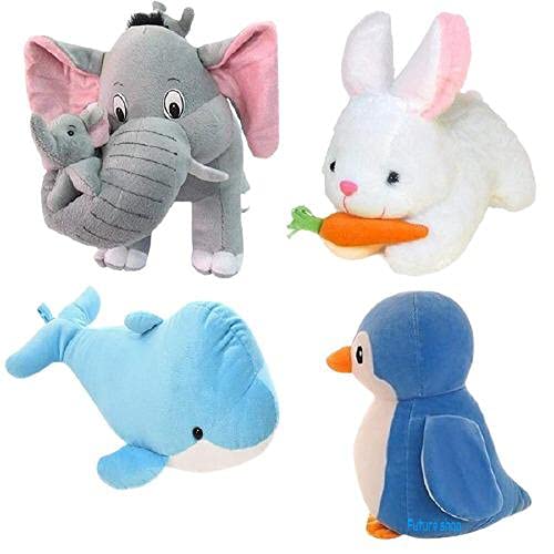 Future Shop Pack of 4 Elegant Soft Toys Combo Set Penguin/Elephant with Baby/Dolphine/Rabbit Toy Animals for You - (Multicolor)