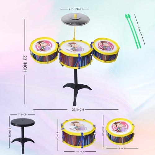 Kabello Musical Instruments Original Jazz Drum Set for Kids 1-5 Years Old Boys 3 Drum 1 Stand and 1 Stool and 2 Sticks (Multicolor)