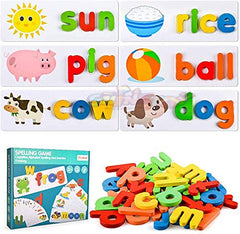 INDIA TOY Read Spelling Learning Toy Wooden Educational Developmental Sight Words and Skills with 28 Double - Sided Cognitive Cards 52 Letters Great Gift for 4 5 6 Years Girl Boy, Multicolor