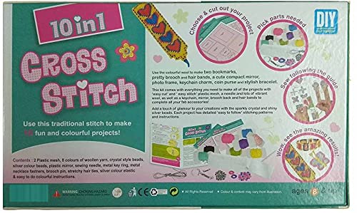 EKTA Cross Stitch 10 in 1 Art and Craft Stitching Game To Make 10 Colourful Projects For Kids- Multi color, Fabric; Plastic
