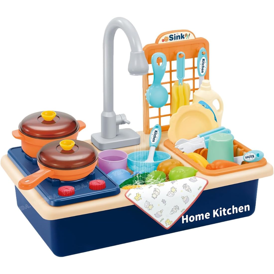 Vikrida Kitchen Sink Toys Water Playset with Running Water House Wash Up Kitchen Sets with Play Dishes Accessories for Toddlers - Blue