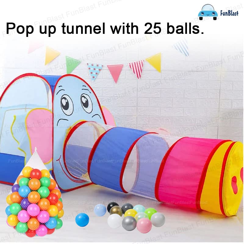 FunBlast Big Elephant Tunnel Popup Play Tent House with Balls,Tunnel Tent for Kids with 25 Balls,Foldable Outdoor Tunnel for Toddlers, Kids,Pop-Up Activity Toys ( Multicolor), 26 Tent House Theme