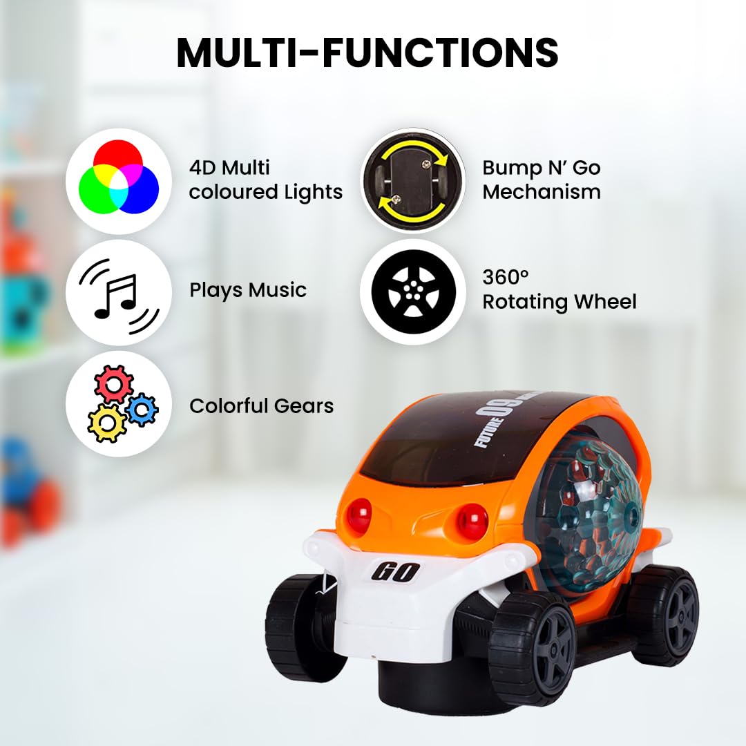 Gooyo GY149A Battery Operated Stunt Car Toy with Music & 4D Vibrant Light Effects | 360° Rotating Bump & Go Action Car Toy| Orange Color, Power Source: 3xAA Battery (Not Included)