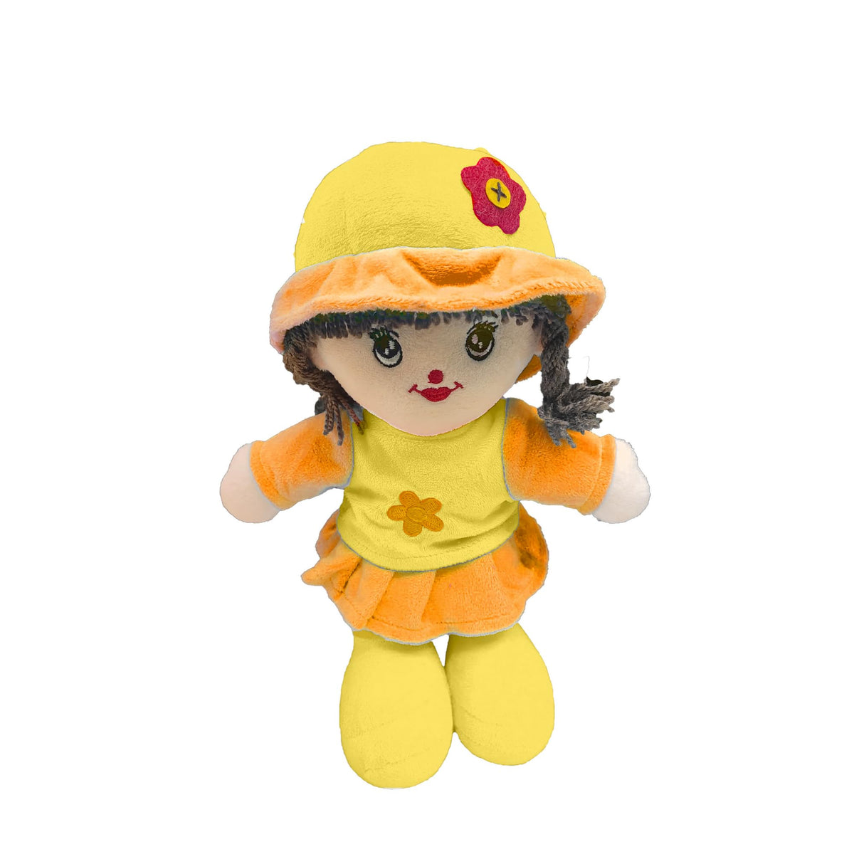 Addie Girl Rag Doll for Kids 35cm, Huggable & Adorable Plush for Toddler, Baby Doll with Hat & Skirt for Girls | Soft & Cuddly Stuffed Toy for Babies | Made in India (Yellow)