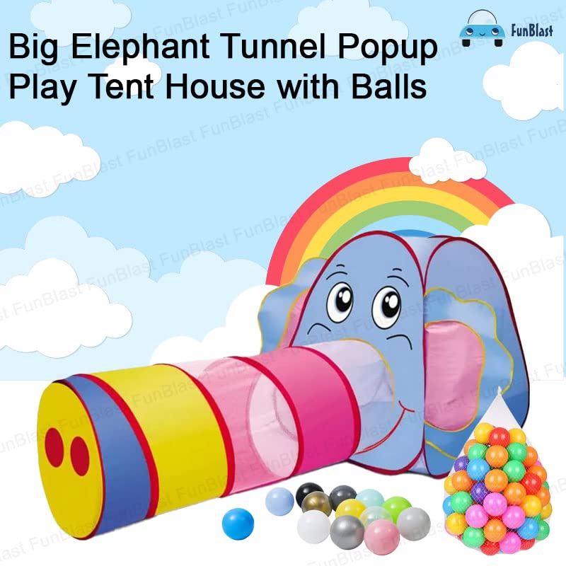 FunBlast Big Elephant Tunnel Popup Play Tent House with Balls,Tunnel Tent for Kids with 25 Balls,Foldable Outdoor Tunnel for Toddlers, Kids,Pop-Up Activity Toys ( Multicolor), 26 Tent House Theme