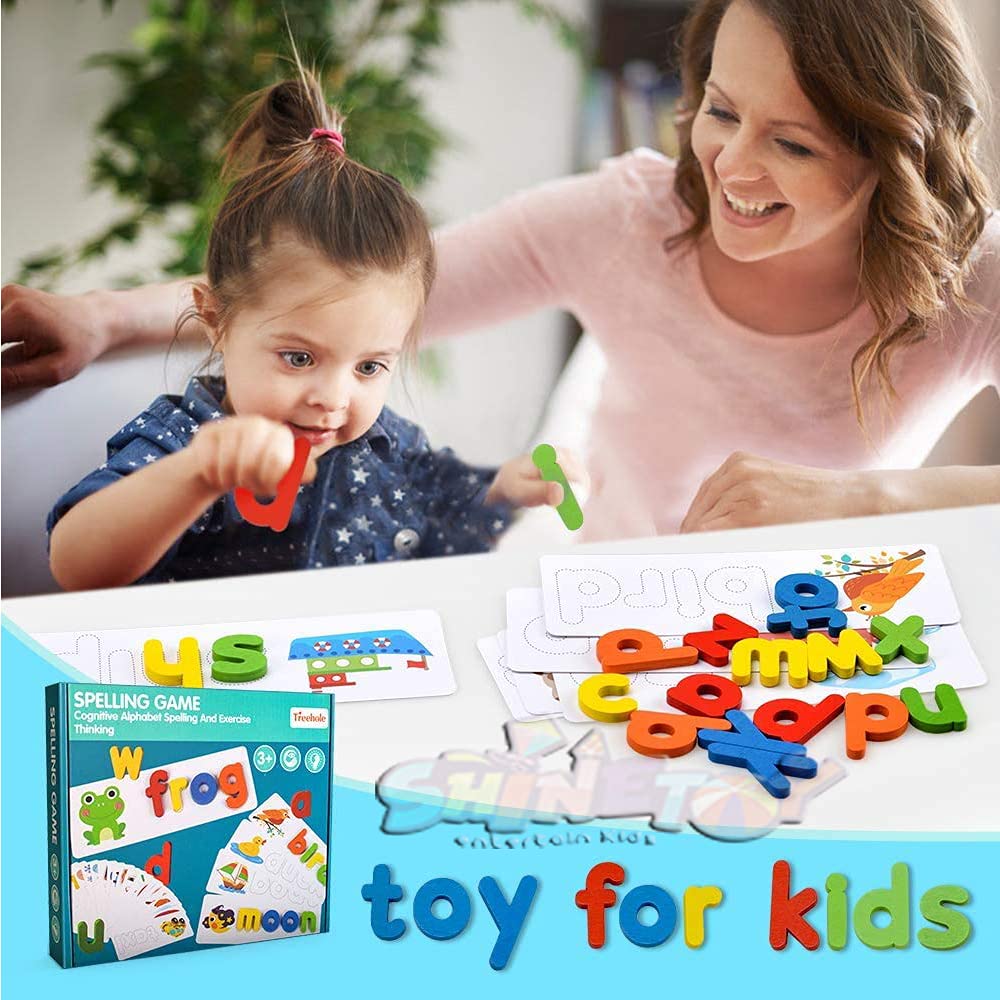 INDIA TOY Read Spelling Learning Toy Wooden Educational Developmental Sight Words and Skills with 28 Double - Sided Cognitive Cards 52 Letters Great Gift for 4 5 6 Years Girl Boy, Multicolor