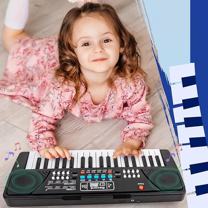 VEBETO Kids Piano with Mic (1 Year Extended Warranty) 37 Keys 8 Rhythms 8 Tones 6 Demos Portable Electronic Keyboard Toy Beginners Educational Songs Recording Musical Toys Age 3 to 5 Years Boys Girls