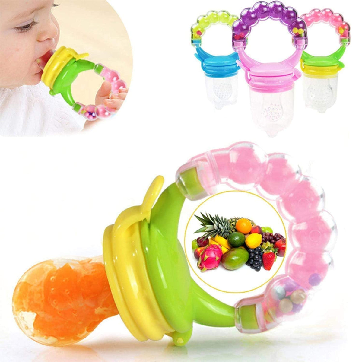 EN LIGNE BPA-Free Silicone Nipple Food Nibbler for Fruits and Veggies with Storage Box, Silicone Fruit Teether,Infant (Multicolor)