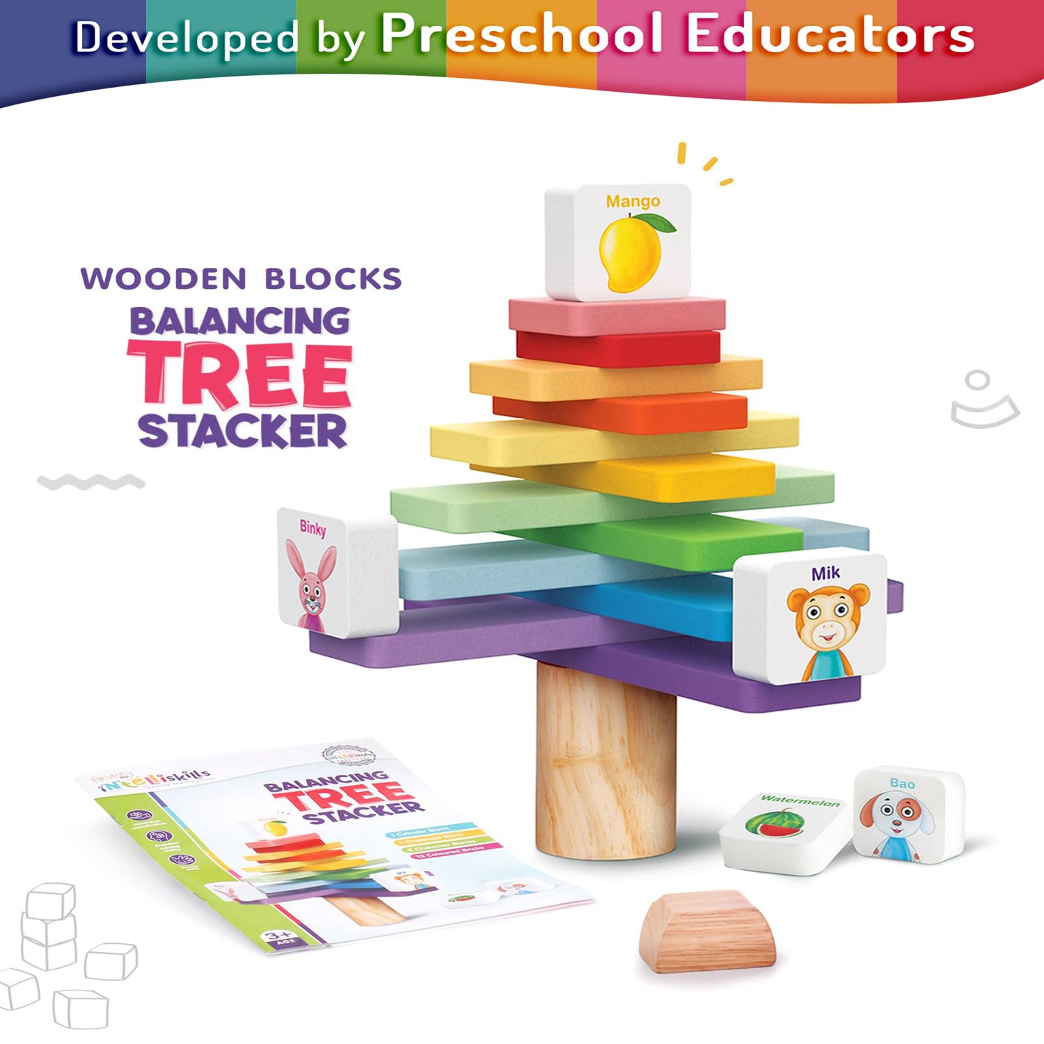 Intelliskills Premium 19 Pcs Wooden Balancing Tree Stacker for Kids | Shapes, Gradient, Size & Color Sorting Blocks | Learning & Educational Puzzle for Boys & Girls | BIS Certified | 3+ Years