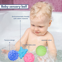 B4BRAIN Sensory Balls Toys Pack of 6 | Colourful Squeaky Ball | Soft Ball for 0-1 Year Babies for Brain Development Soft Silicone Rubber (Squash, Multicolored)
