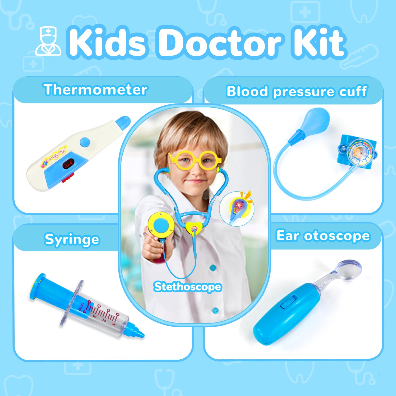 Kids Doctor Kit for Toddlers 3-5 Boys Girls,32 Pcs Toddler Dress Up Pretend Play Dentist Medical Kit Kids Doctor Playset with Stethoscope Costume Gifts Educactional Toys for 3 4 5 Year Old Boys Girls