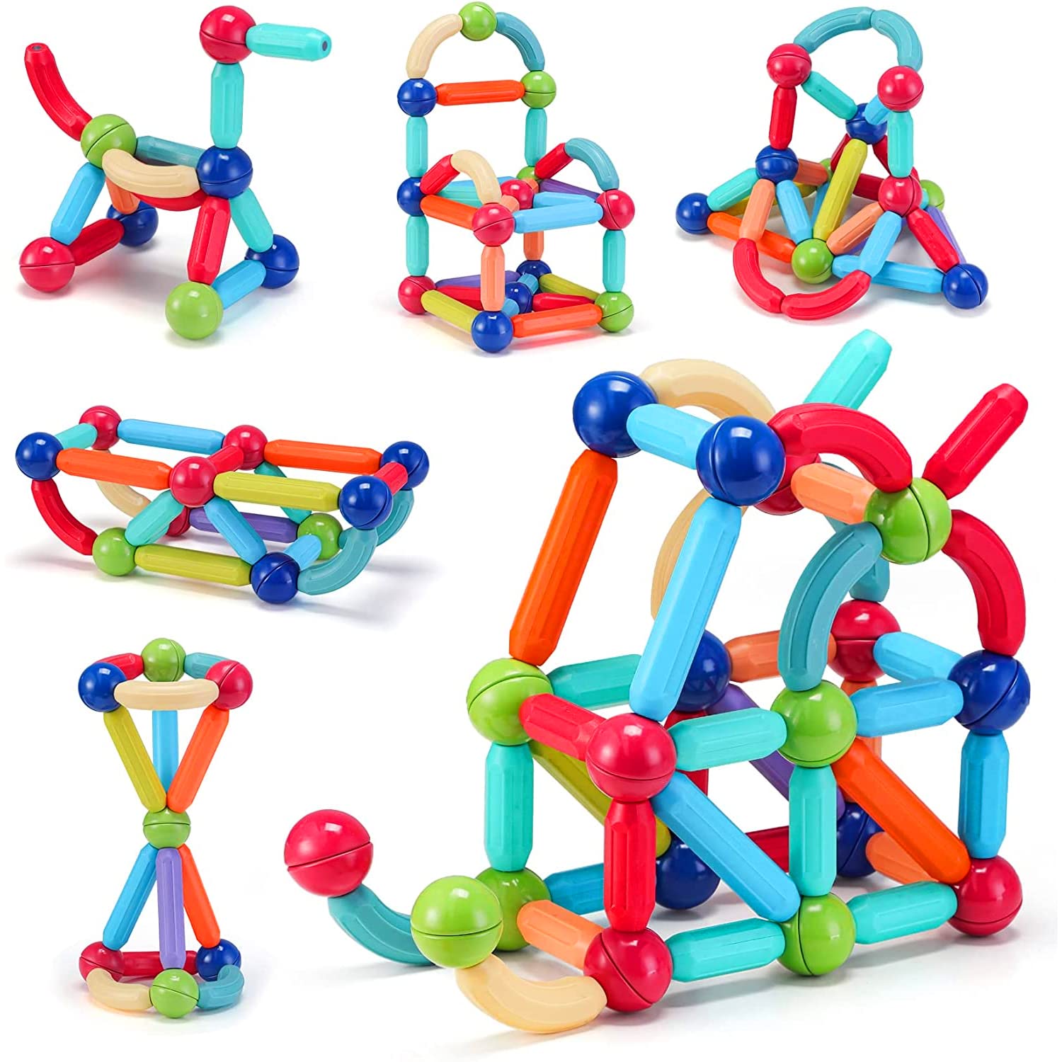 ToyDen Magnetic Sticks Building Blocks Set for Kids Age 3+ - Creative and Educational Construction Toy for Boys and Girls, Includes Magnetic Balls, Safe and Durable, STEM Learning - 64 Pcs