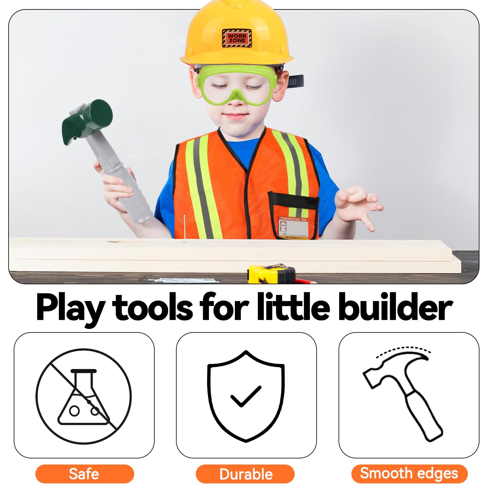 Popsunny Toy Construction Worker for Toddlers, Kids Tool Dress up with Costume, Hat, Pretend Play Gift for Boys 3-6 Years