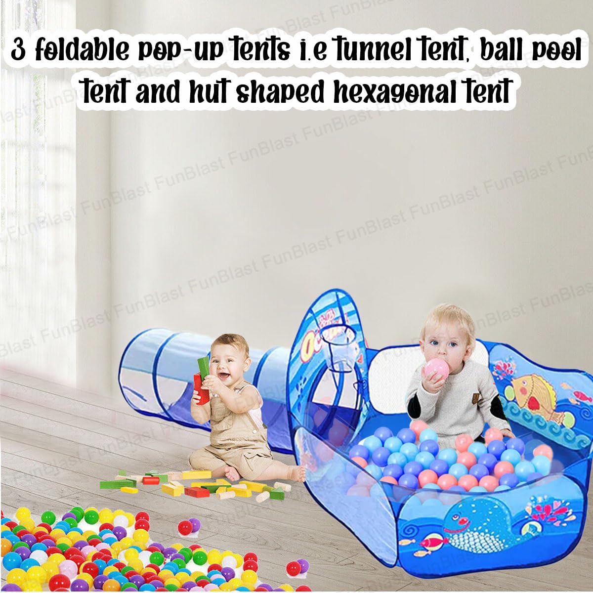 FunBlast Ocean Theme 3 in 1 Kids Tent with Tunnel, Ball Pool Tunnel Tent House for Kids, Ball Pit Play House Theme for Boys Girls, Babies and Toddlers Indoor& Outdoor (Balls Not Included) - Blue