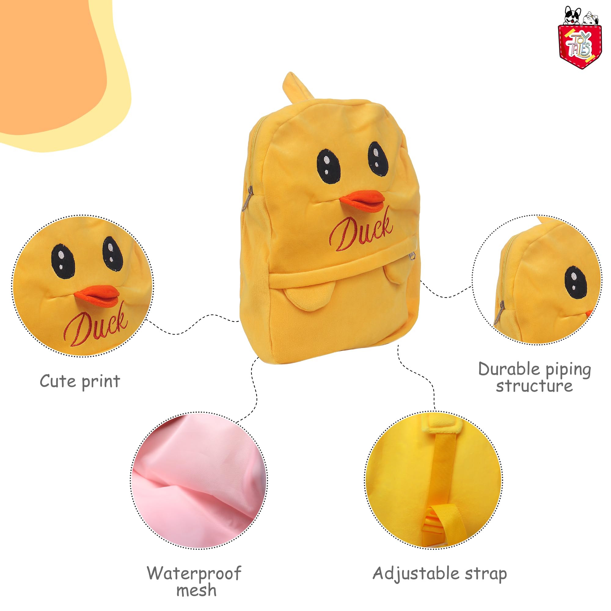 TOYTALES Cute Duck Bag for Kids | Backpack for Nursery Children,Soft Velvet Cartoon Animal Plush Preschool | Mini Travel Bags for Baby Girl & Baby Boy | Ideal for Girls, Boys & Toddlers (2-5 Years)