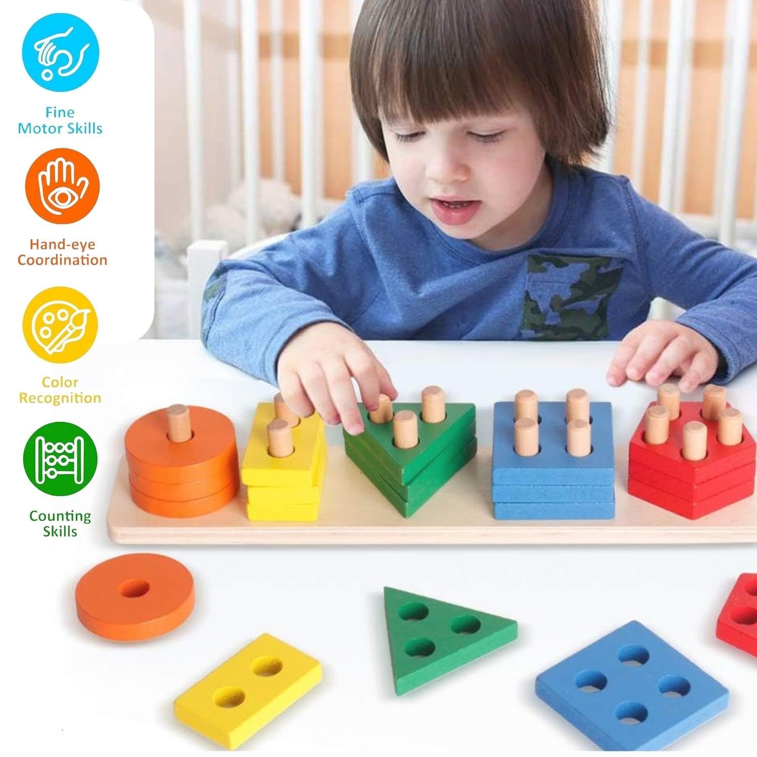 SHINETOY Toys for 1 2 3 Year Old Boys Girls Toddlers, Wooden Sorting and Stacking Preschool Educational Toys, Color Recognition Stacker Shape Sorter Puzzles