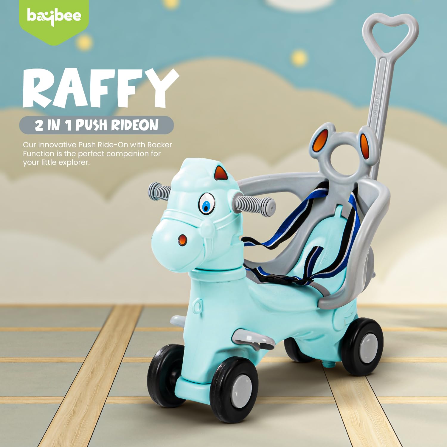 Baybee 3 in 1 Baby Horse Rider Kids Ride On Car for Kids, Push Ride on Toy with Rocker, Push Handle, Rotating Head & Safety Belt | Baby Car Rocking Horse | Kids Car for Toddlers 1 to 3 Year Boy Girl