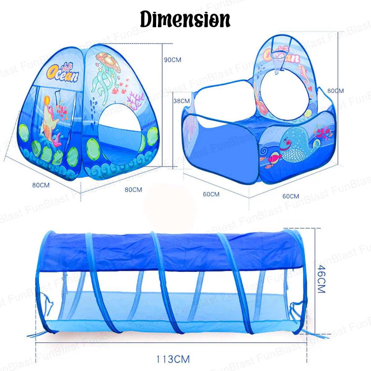 FunBlast Ocean Theme 3 in 1 Kids Tent with Tunnel, Ball Pool Tunnel Tent House for Kids, Ball Pit Play House Theme for Boys Girls, Babies and Toddlers Indoor& Outdoor (Balls Not Included) - Blue