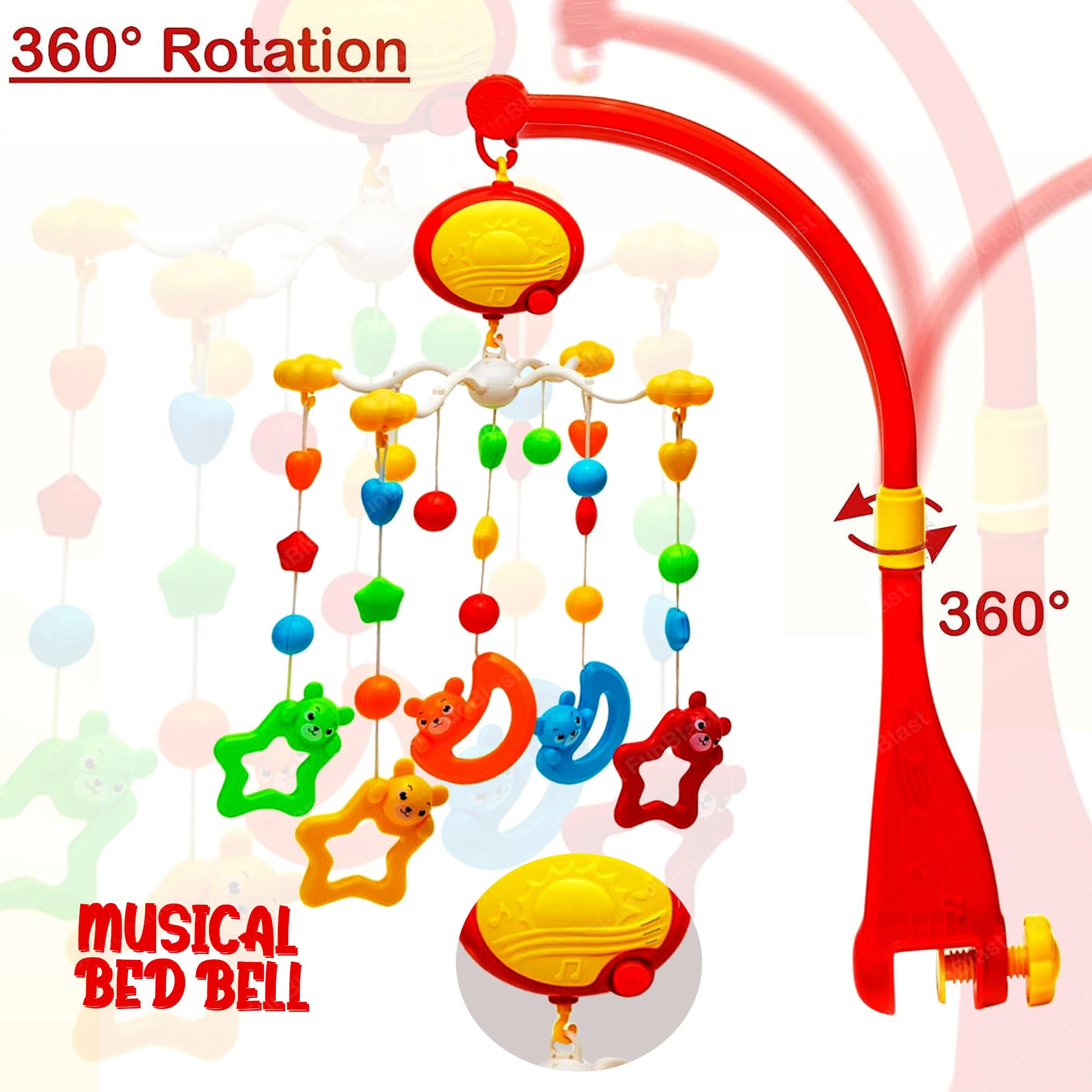 FunBlast Musical Bed Bell Cot Hanging Rotational Rattle Toy for Baby – Battery Operated Rattle Toys for New Born Babies and Toddlers, Baby Hanging Crib Cot Mobile for Infants 0-3 Months (Multicolor)
