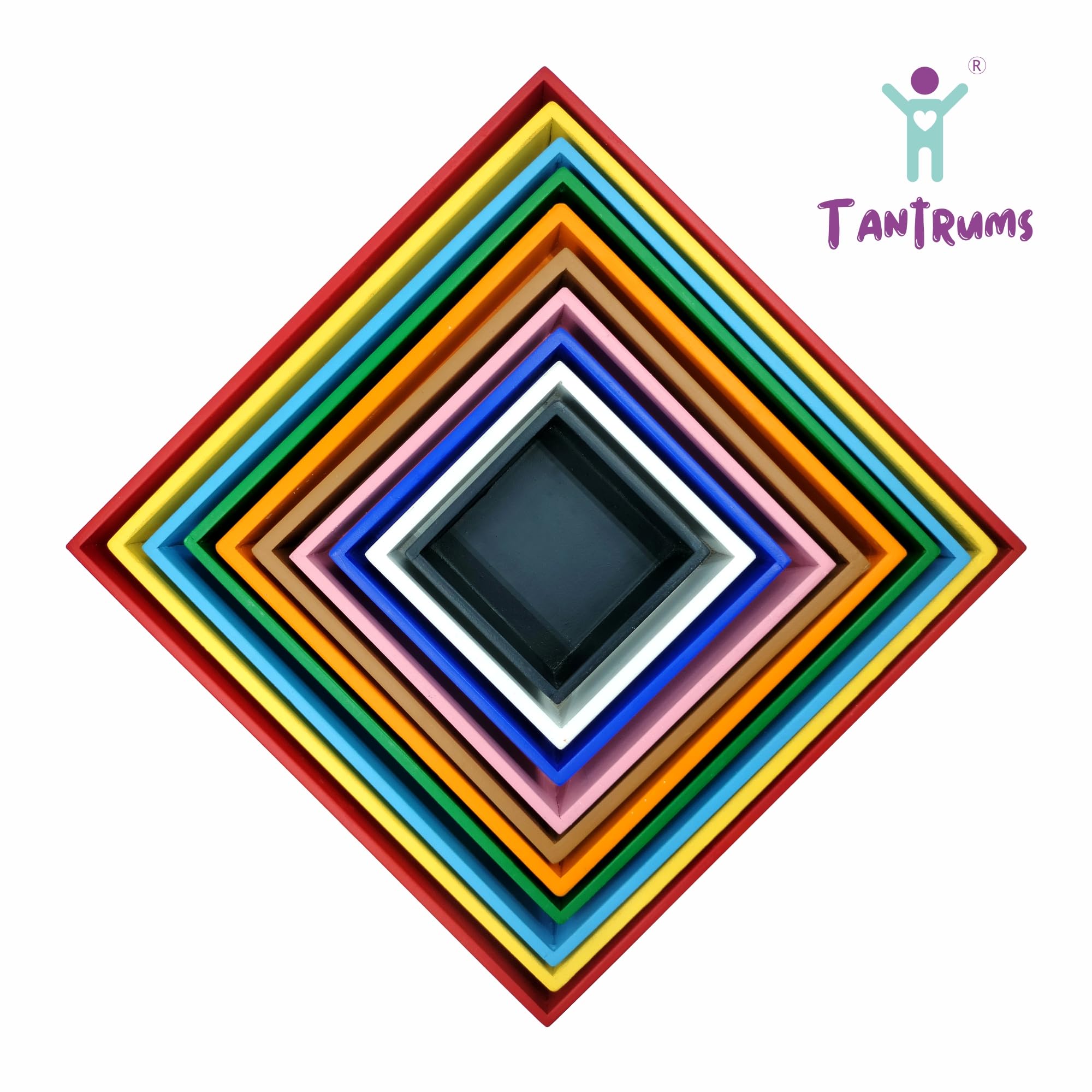 TANTRUMS Hollow Tray | Ten Wooden Trays Stacking and Nesting Toy | Helps in Learning Colours, Size & Counting for 1 Year+ Kids