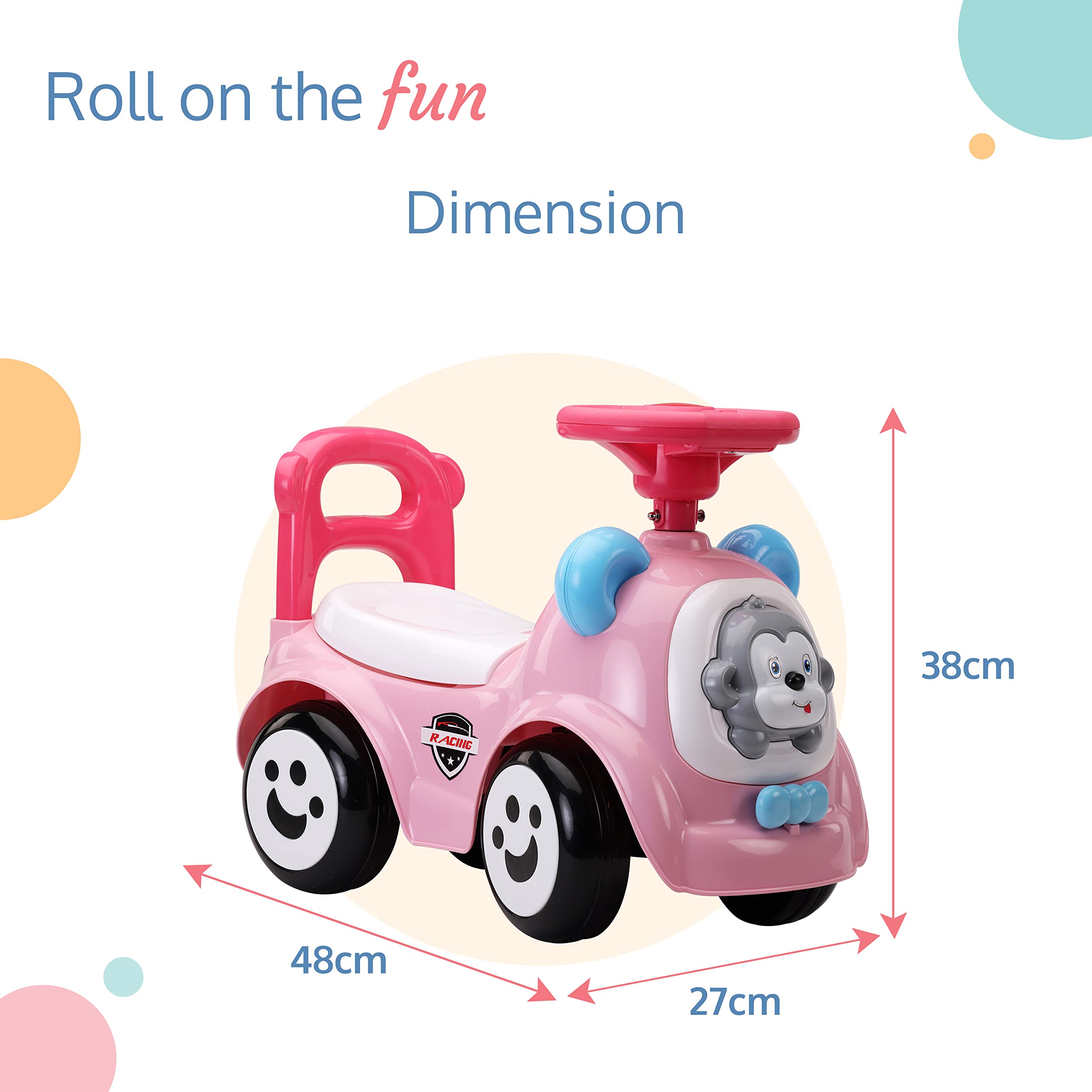 LuvLap Sunny Ride on & Car for Kids with Music & Horn Steering, Push Car for Baby with Backrest, Safety Guard, Under Seat Storage & Big Wheels, Ride on for Kids 1 to 3 Years Upto 25 Kgs (Pink)