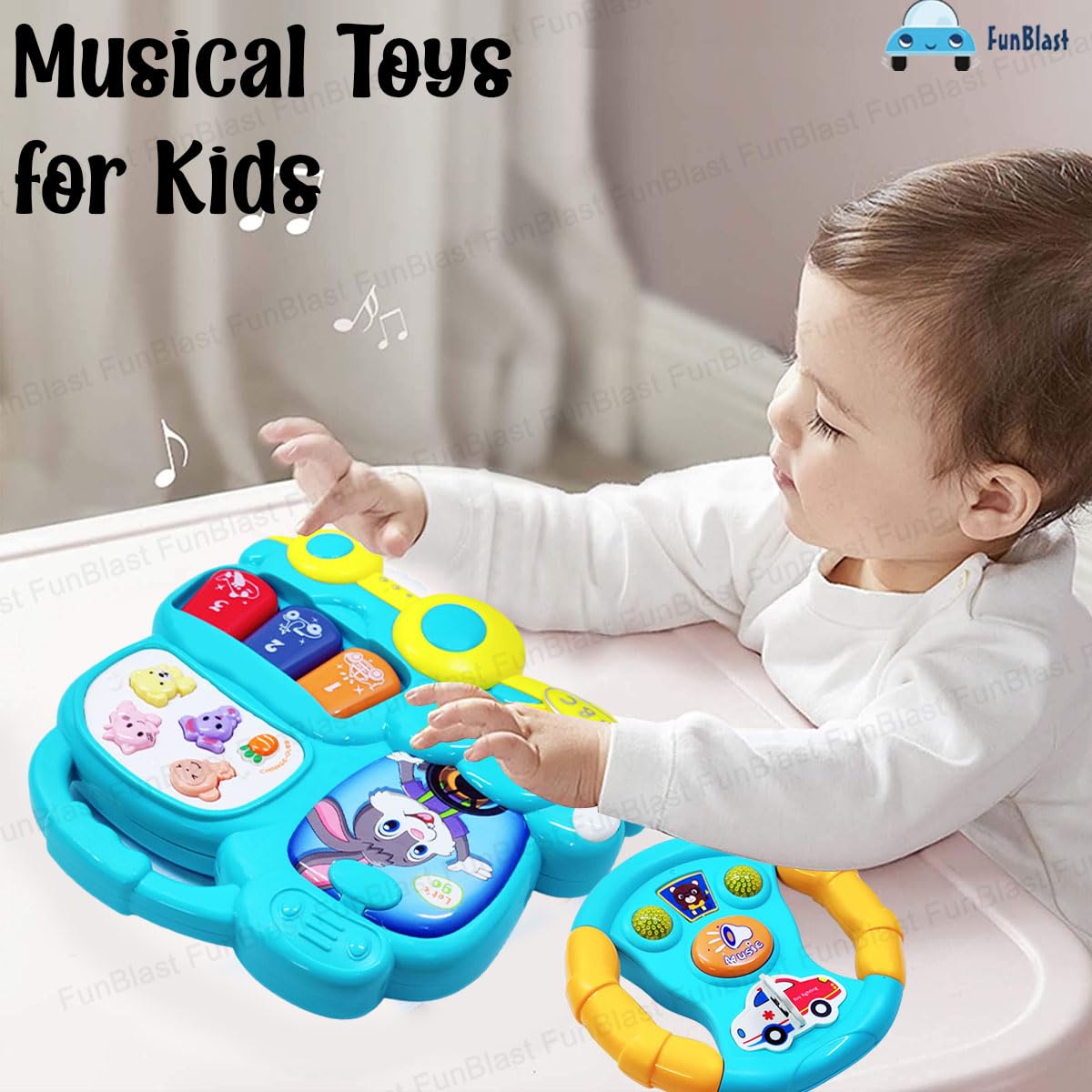 FunBlast Musical Toys for Kids, Toy Piano and Steering Wheel Toys for Kids, Musical Instrument Toy, Baby Toy for 1+ Years Kid, Boy, Girl, Early Development Activity Toys for Babies