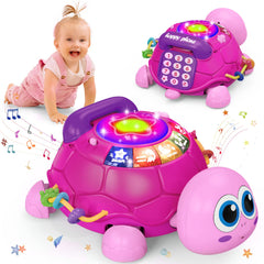 Ussybaby Baby Musical Crawling Toy 6 to 12 Month, Infant Turtle Light Up Toy for 12-18 Month, Tummy Time Toy, Baby Girl Gift 7 8 9 10 11 Month 1-2 Year Old (Pink)