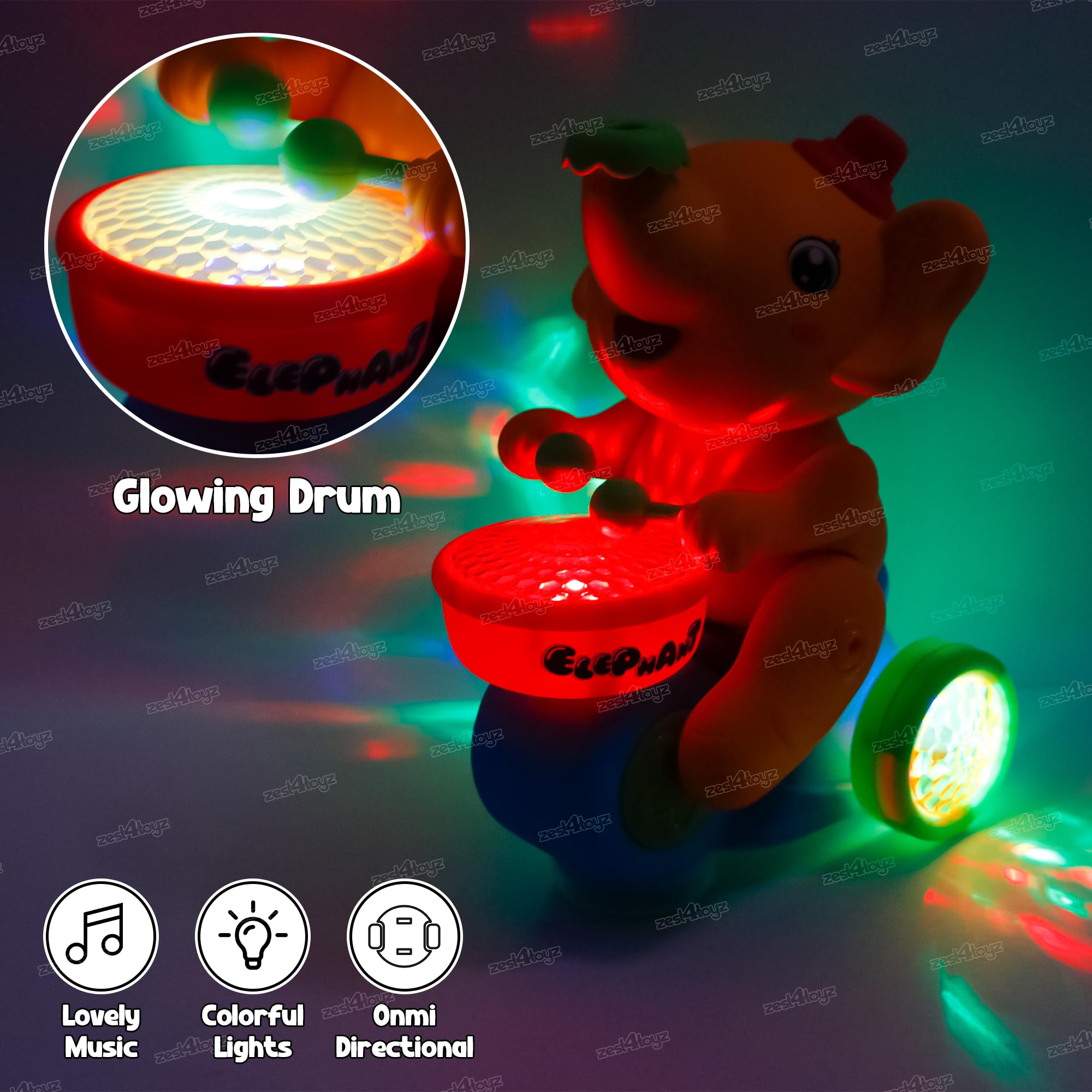 Zest 4 Toyz Musical Walking Elephant Drummer Toy with Flashing Light & Sound Toy for Kids Beating Drum Blowing Ball Toy - Yellow