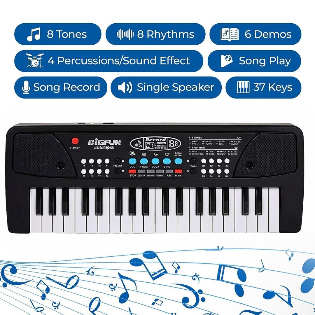 VEBETO Kids Piano with Mic (1 Year Extended Warranty) 37 Keys 8 Rhythms 8 Tones 6 Demos Portable Electronic Keyboard Toy Beginners Educational Songs Recording Musical Toys Age 3 to 5 Years Boys Girls