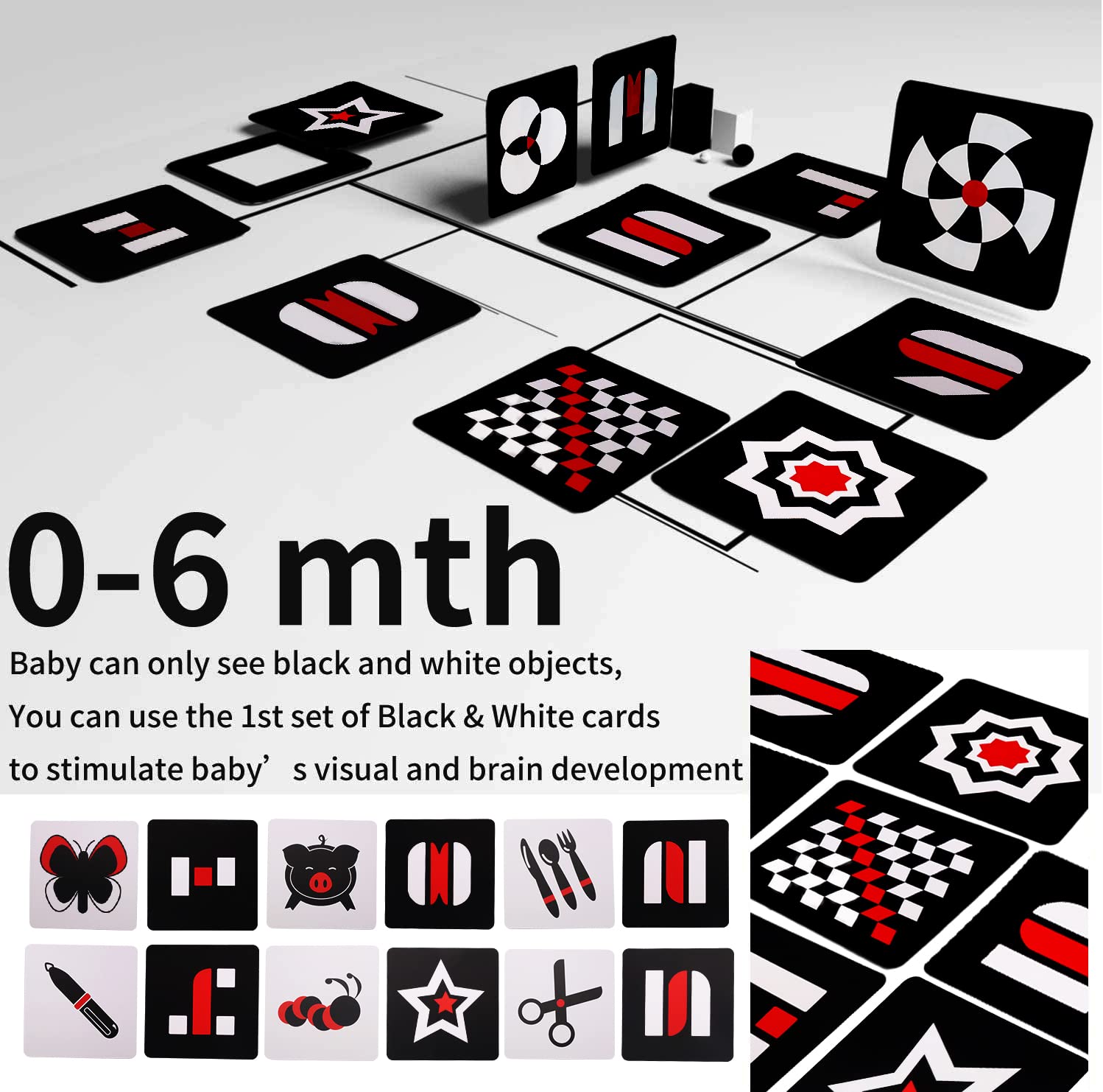SNOWIE SOFT® Black RedFlash Cards for Infants, 16 Pictures 5.5 x 5.5 Inch Designed Contrast Cards for Newborn Baby Toys with High Contrast (3-6 Months)