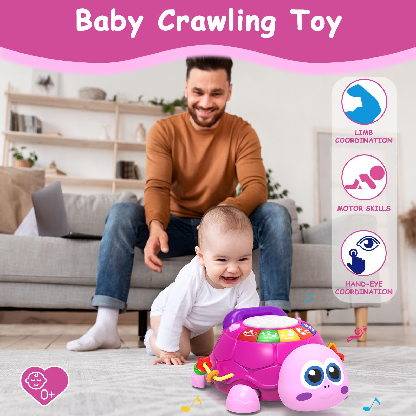 Ussybaby Baby Musical Crawling Toy 6 to 12 Month, Infant Turtle Light Up Toy for 12-18 Month, Tummy Time Toy, Baby Girl Gift 7 8 9 10 11 Month 1-2 Year Old (Pink)