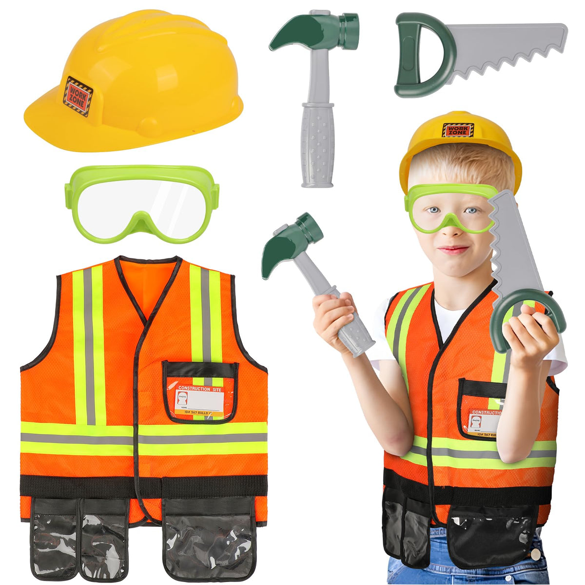 Popsunny Toy Construction Worker for Toddlers, Kids Tool Dress up with Costume, Hat, Pretend Play Gift for Boys 3-6 Years