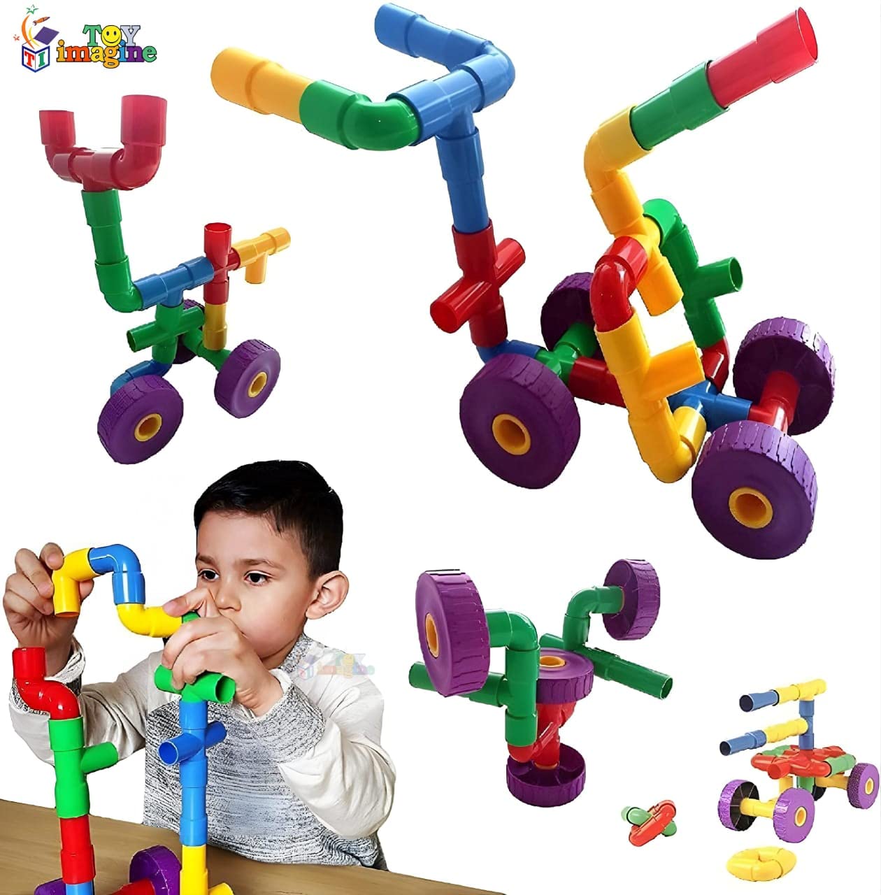 Toy Imagine™ 30+ Pipe-Shaped Puzzle Building Blocks for Preschool Kids | Creative Educational Plastic Water Pipe Toys | Intelligent Blocks Set | Learn with Fun | Rounded Edge.(Multicolor) 3-8 Years