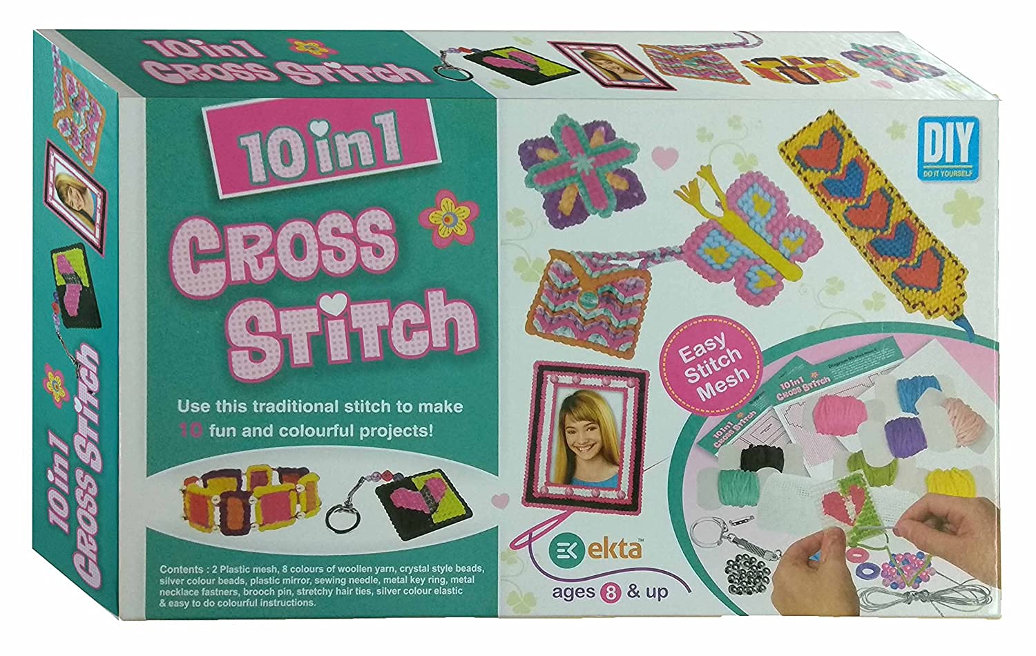 EKTA Cross Stitch 10 in 1 Art and Craft Stitching Game To Make 10 Colourful Projects For Kids- Multi color, Fabric; Plastic