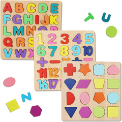 SHINETOY Wooden Puzzles for Toddlers, Wooden ABC Alphabet Number Shape Puzzles Toddler Learning Puzzle Toys for Kids 1-3 Years Old, 3 in 1 Early Education Letter Puzzle for Toddlers 2-4 Years Old