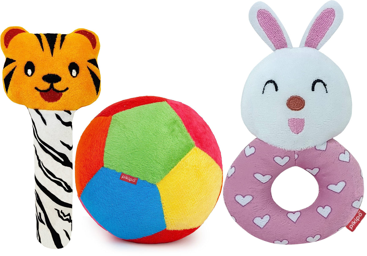 Pikipo Super Saver Soft Toy Combo (3-in-1): Tiger Rattle, Bunny Rattle, and 11cm Ball