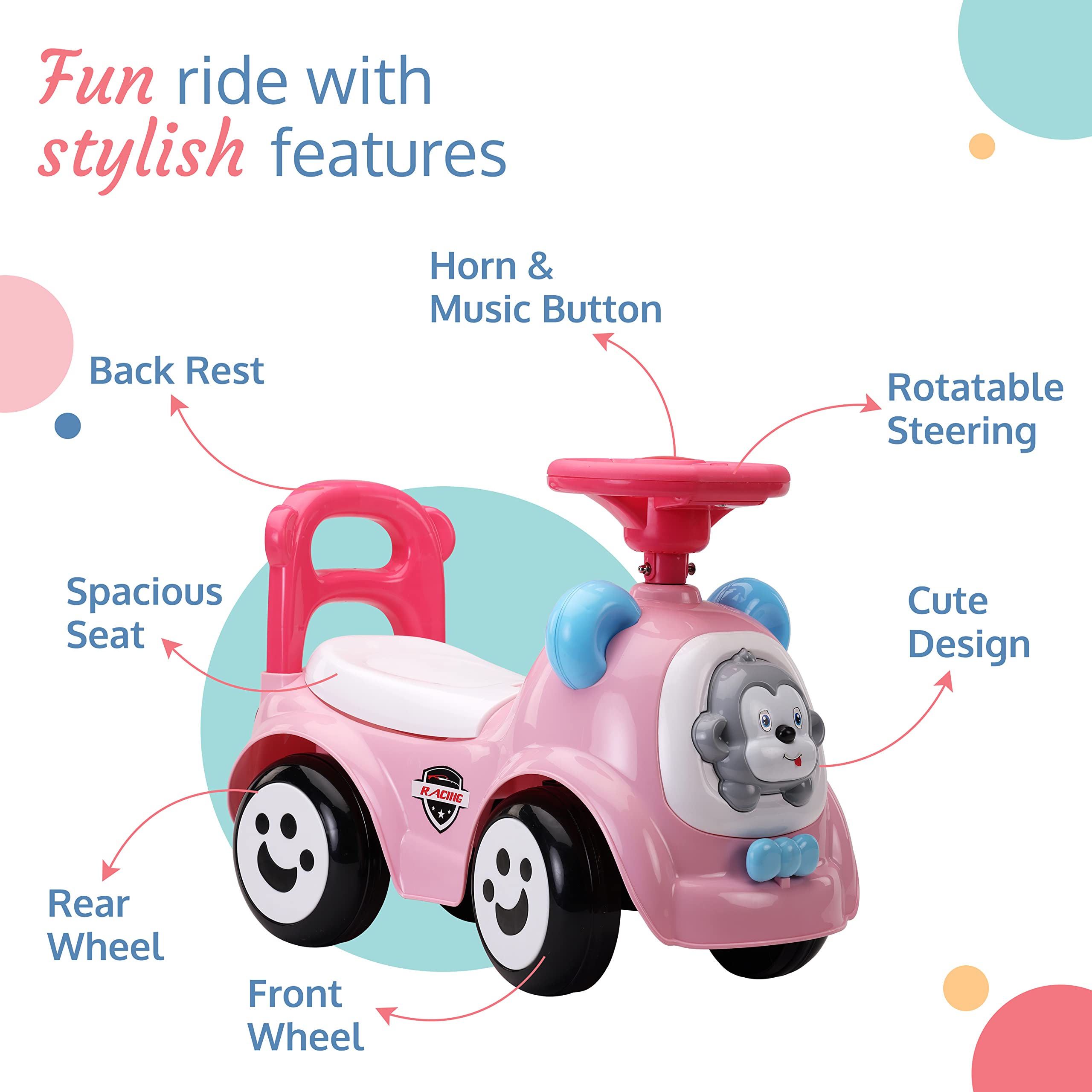 LuvLap Sunny Ride on & Car for Kids with Music & Horn Steering, Push Car for Baby with Backrest, Safety Guard, Under Seat Storage & Big Wheels, Ride on for Kids 1 to 3 Years Upto 25 Kgs (Pink)