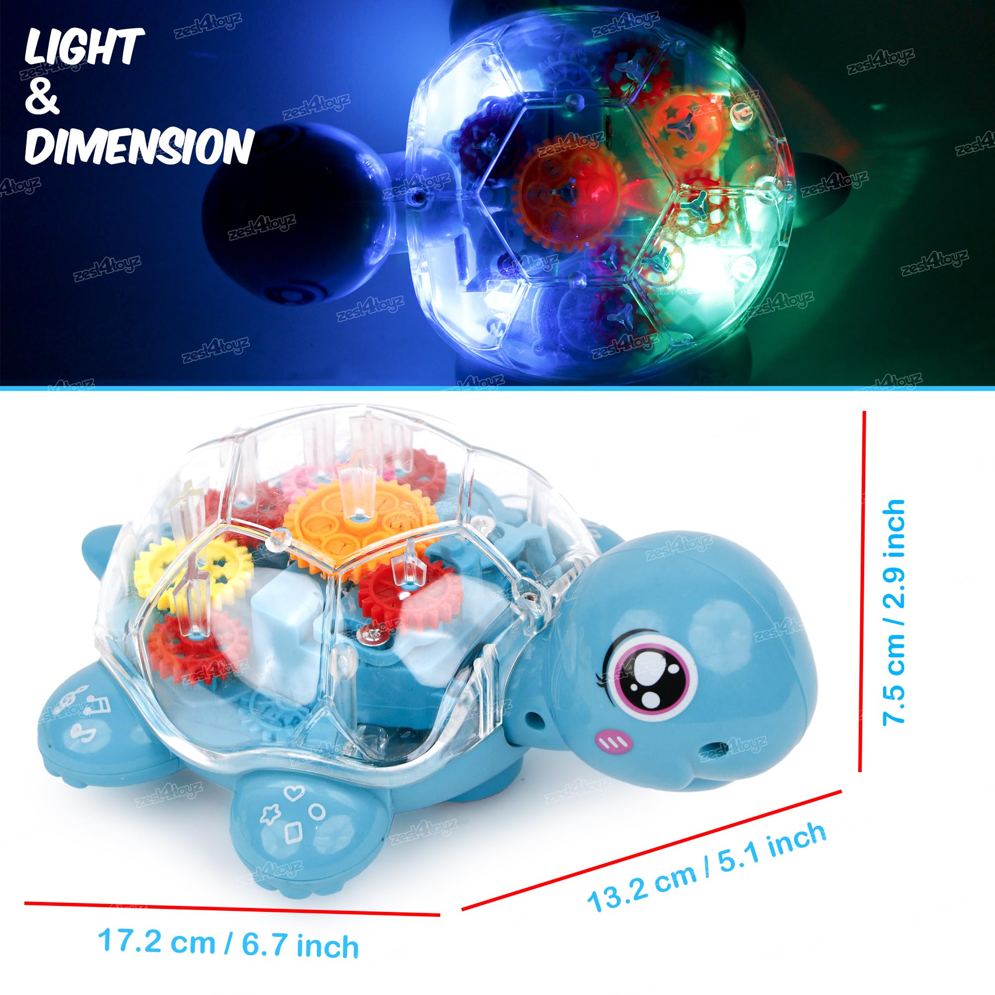 Zest 4 Toyz Musical Toy for Kids Moving Gear Turtle Bump & Go with Music & 3D Flashing Lights Transparent Gear Sound Toy for Babies -Multlcolor