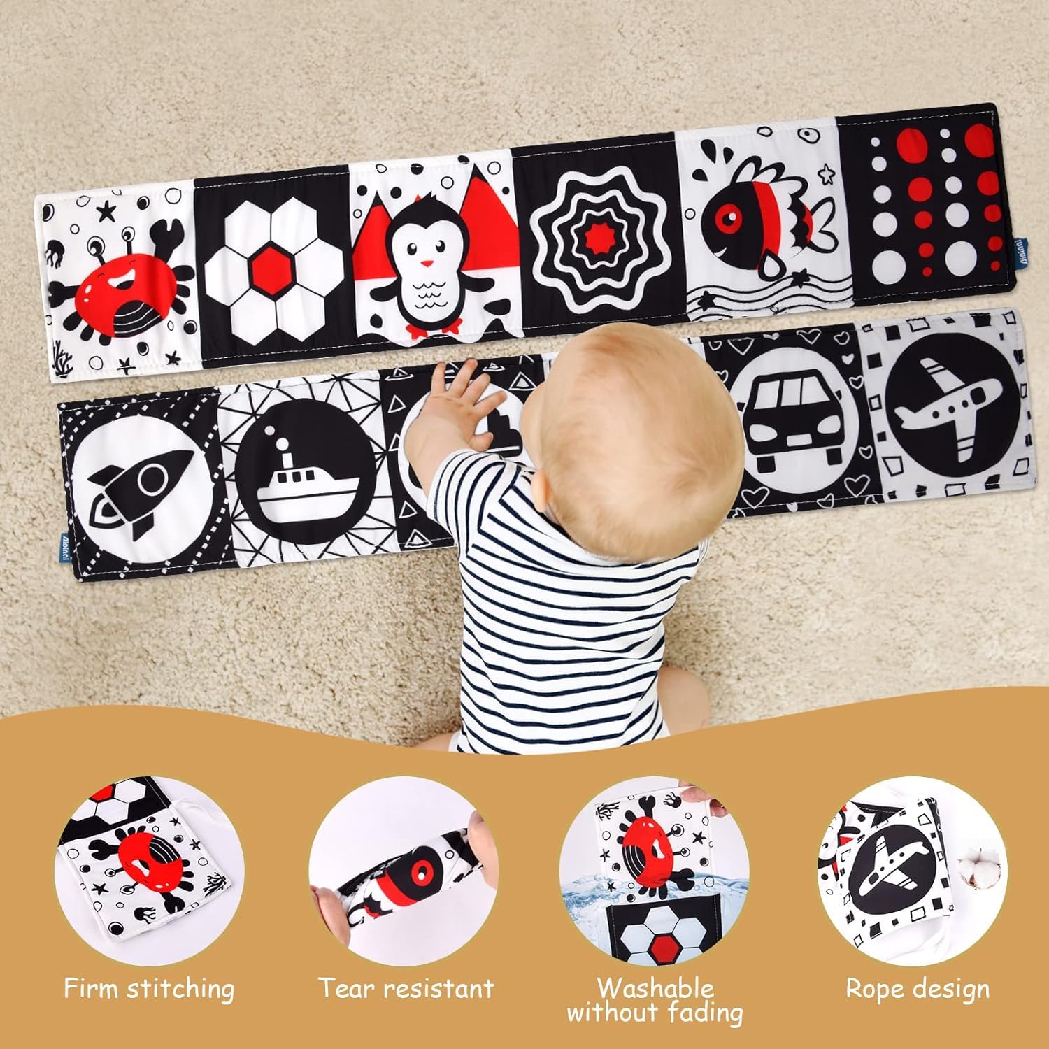 KolorFish Black and White Cloth Books High Contrast Baby Toys, 0-6 6-12 Months Soft Baby Book,Infant Tummy Time Toys,Baby Activity Crinkle Folding Educational Activity Suitable for Boys Girls (Crab)