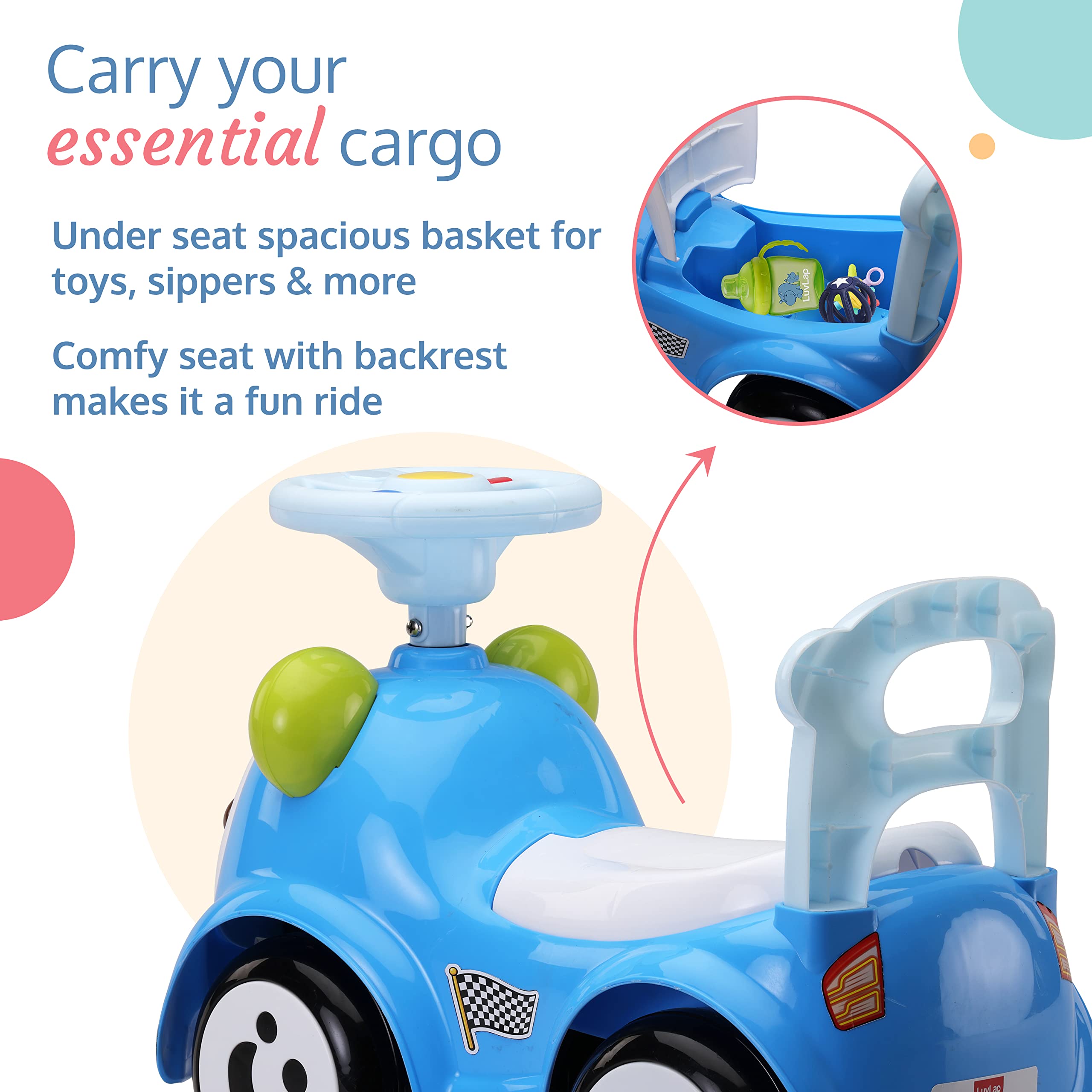 LuvLap Sunny Ride on & Car for Kids with Music & Horn Steering, Push Car for Baby with Backrest, Safety Guard, Under Seat Storage & Big Wheels, Ride on for Kids 1 to 3 Years Upto 25 Kgs (Blue)