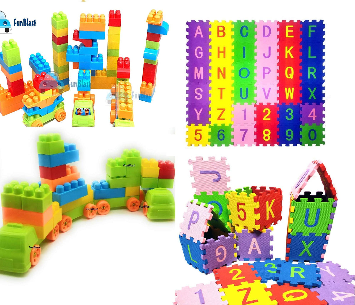 FunBlast 50 Pcs Building Block Toy With 36 Alphabet&Number Puzzle Mat For Kids|Educational Learning Toys For Kids,Boys,Girls,Children,Multi