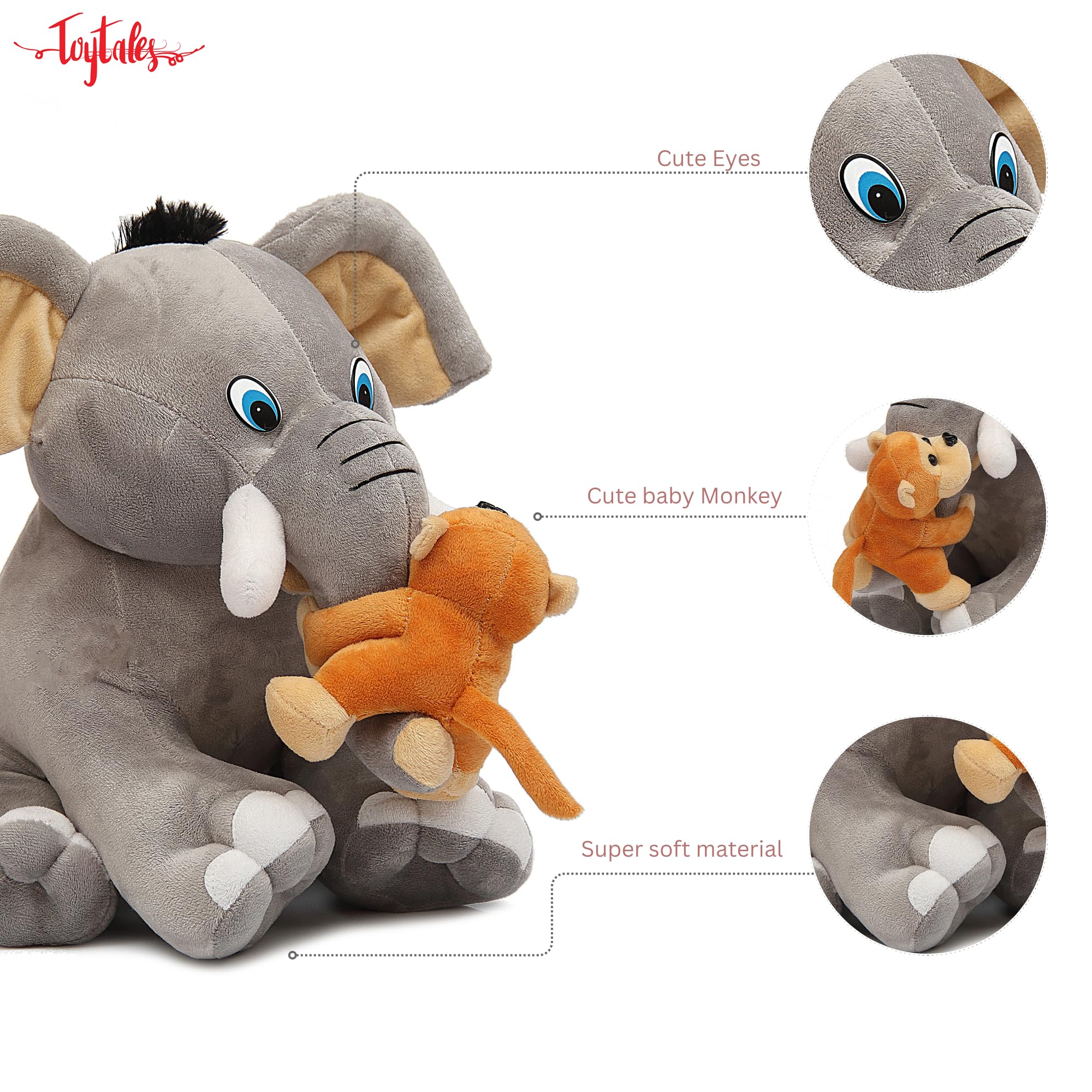 Stuffed Elephant with Monkey Plush Toy, Cute Huggable Shape Animal Stuffed Toy, Soft & Cuddly, for Kids, Boys & Girls, Best Birthday Gift Idea - 30cm (Grey/Brown)