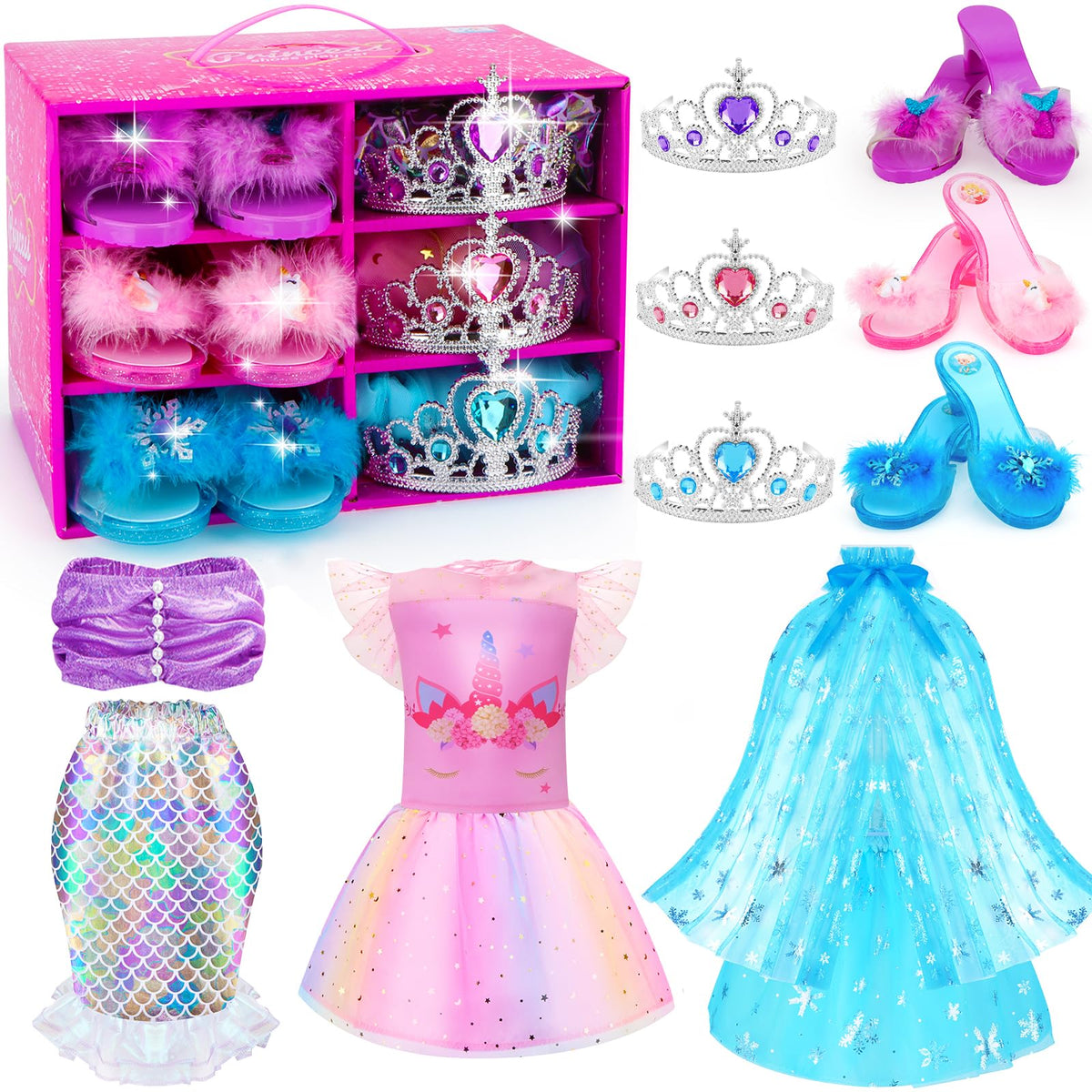 Princess Dress Up Shoes Set,Kids' Dress Up & Pretend Play Toy for Girls, Dresses,Tops,Jewelry, Shoes,Unicorn Mermaid Ice Princess Toys Gifts for Little Girls 3-6 Years Toddler Birthday Party