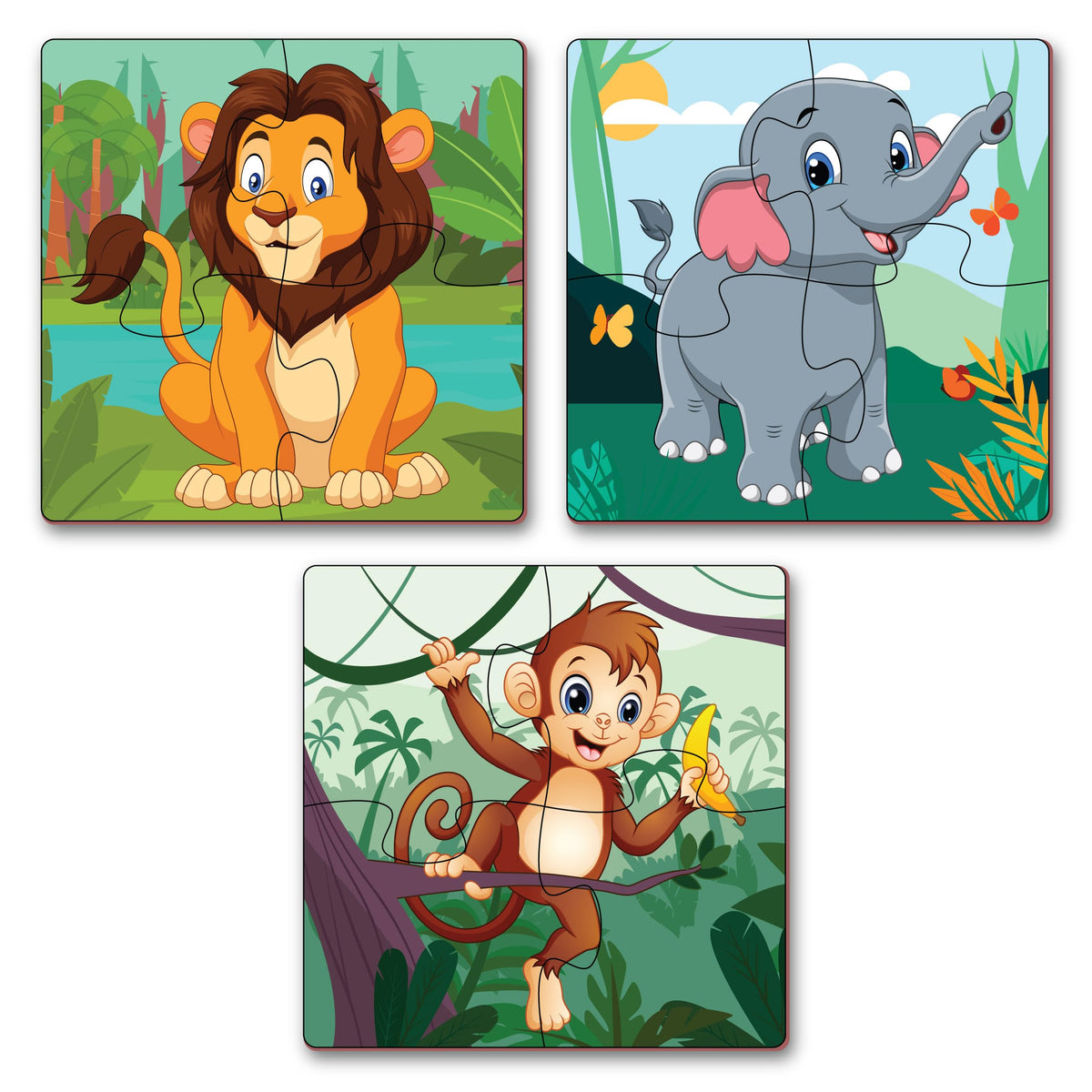 JOYWOW Wild Animal Jigsaw Puzzle for Kids for Age 1 2 3 4 5 Years and Above | 4 Pieces Puzzles | Educational Toys and Games (Set of 3 Puzzles in Box) (Wild Animals)