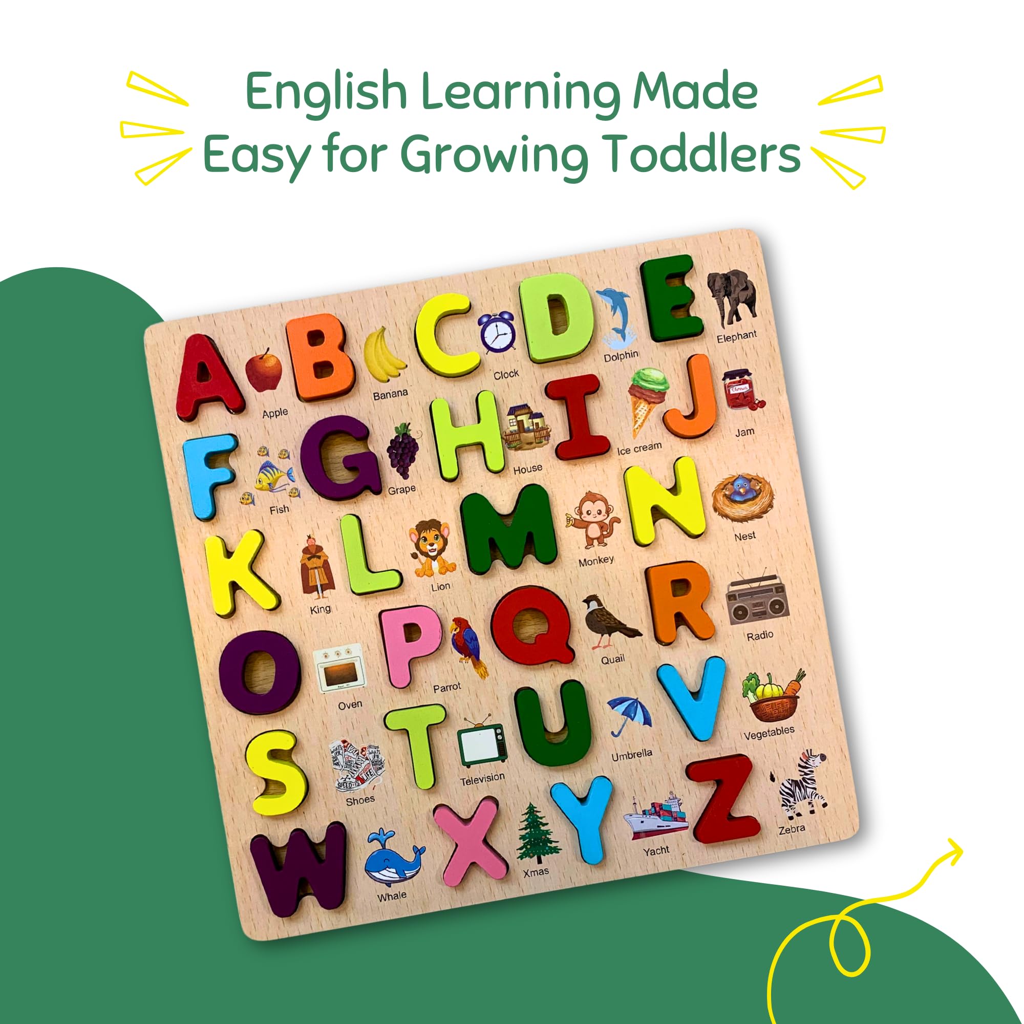 Earthytweens Learning ABCD Wooden Board | English Alphabet Puzzles Montessori Educational Blocks for Kids 2+ Years | Non-Toxic Harm-Free | Multicolor (Capital Alphabets Fun Learning Wooden Board)