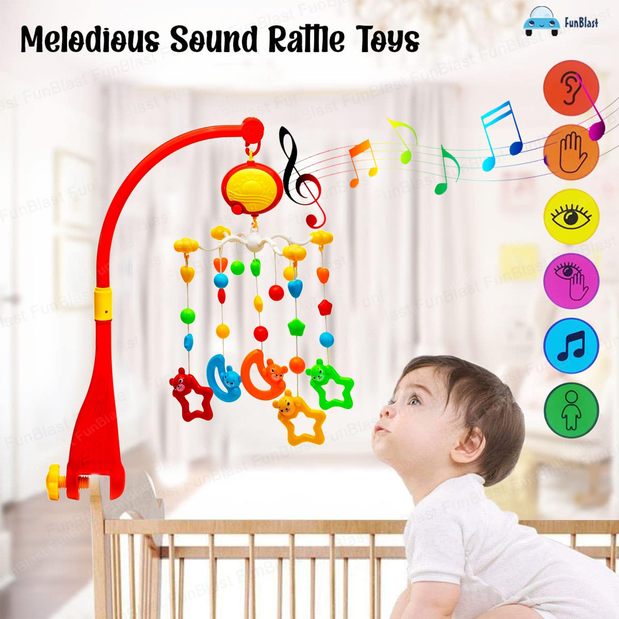 FunBlast Musical Bed Bell Cot Hanging Rotational Rattle Toy for Baby – Battery Operated Rattle Toys for New Born Babies and Toddlers, Baby Hanging Crib Cot Mobile for Infants 0-3 Months (Multicolor)