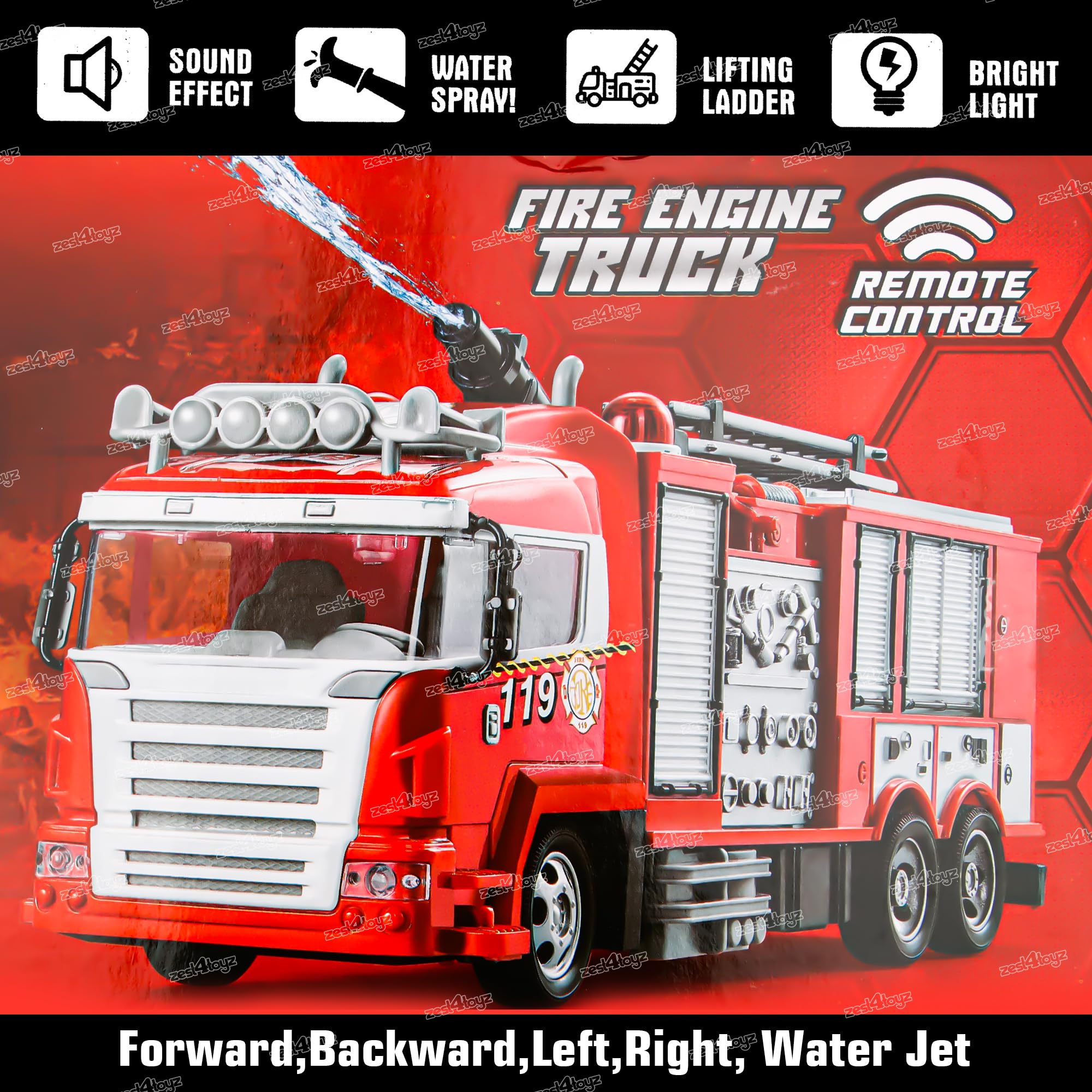Remote Control Fire Truck Smoke Spray Fire Brigade Rescue Truck 2.4 Ghz with Mist Water Spray Function Remote Control Toy for Kids - Red